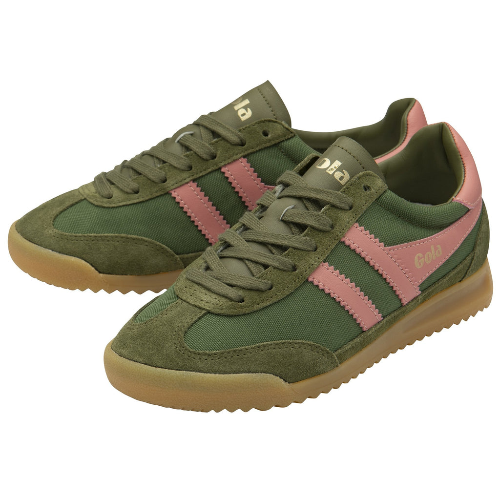 A pair of Gola green and pink trainers, viewed from an angle on a white background.