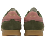 A pair of Gola green and pink trainers, viewed from behind on a white background.