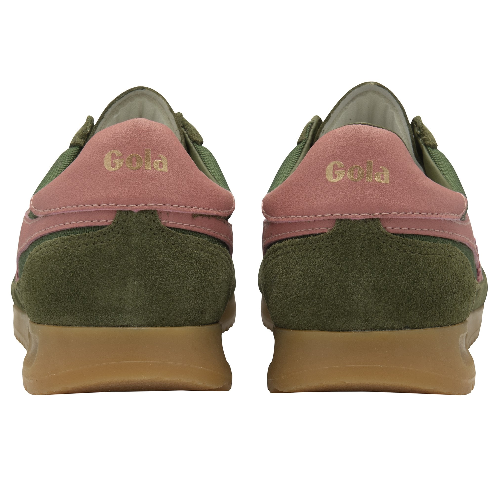 A pair of Gola green and pink trainers, viewed from behind on a white background.
