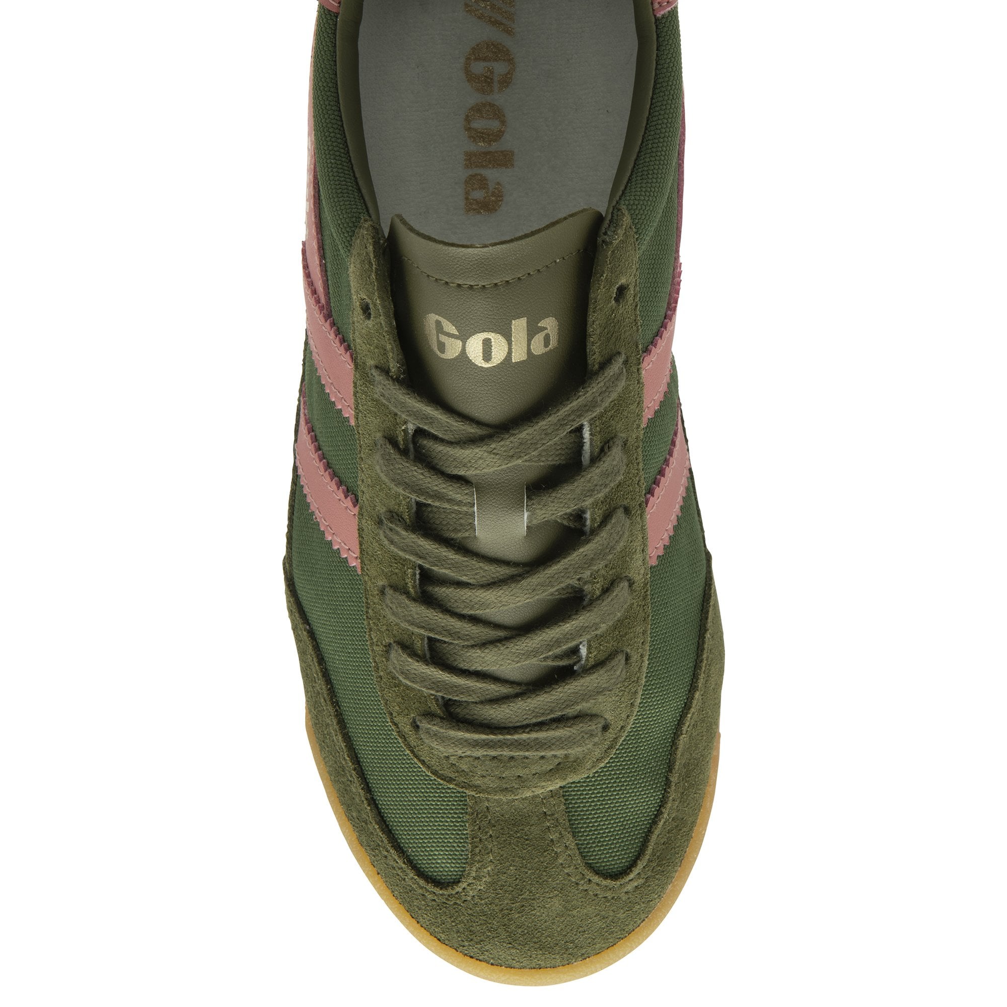 A single Gola green and pink trainer, viewed from the top on a white background.