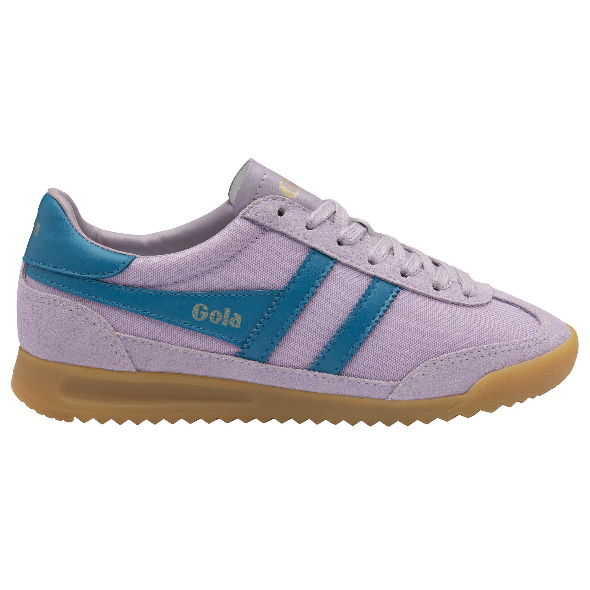 A single Gola men's sneaker in lilac and teal, side view.