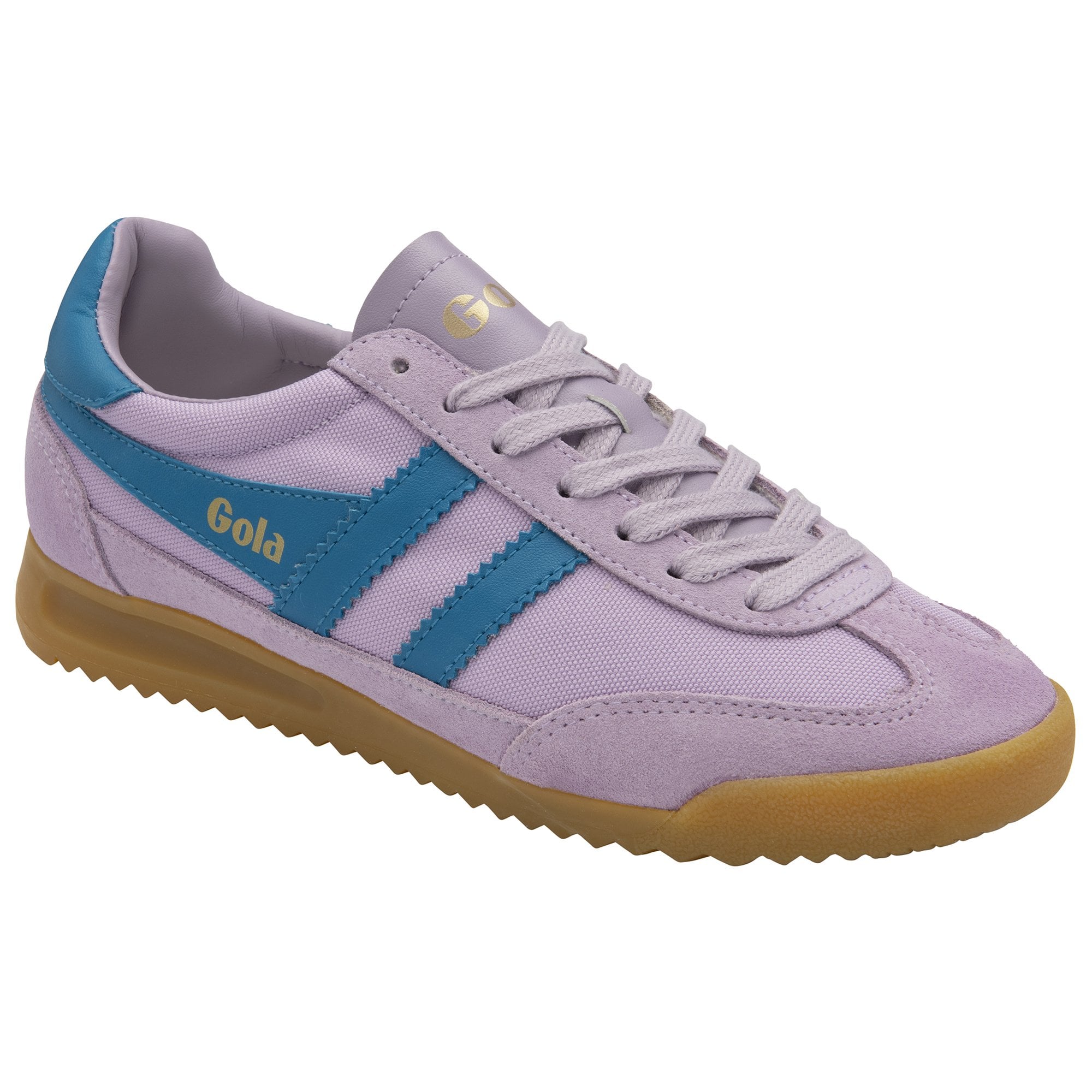 A single Gola men's sneaker in lilac and teal, at an angle.