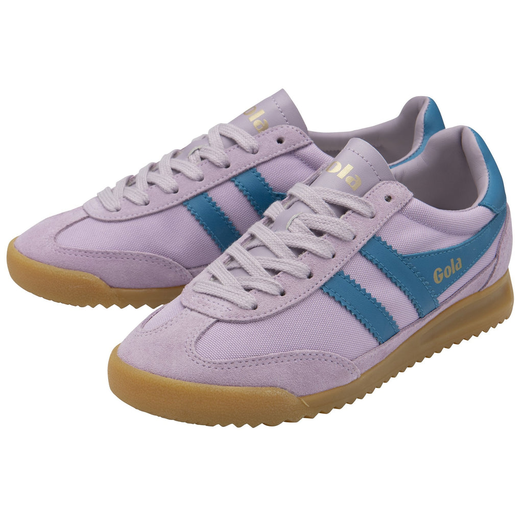 A pair of Gola men's sneakers in lilac and teal, at an angle.
