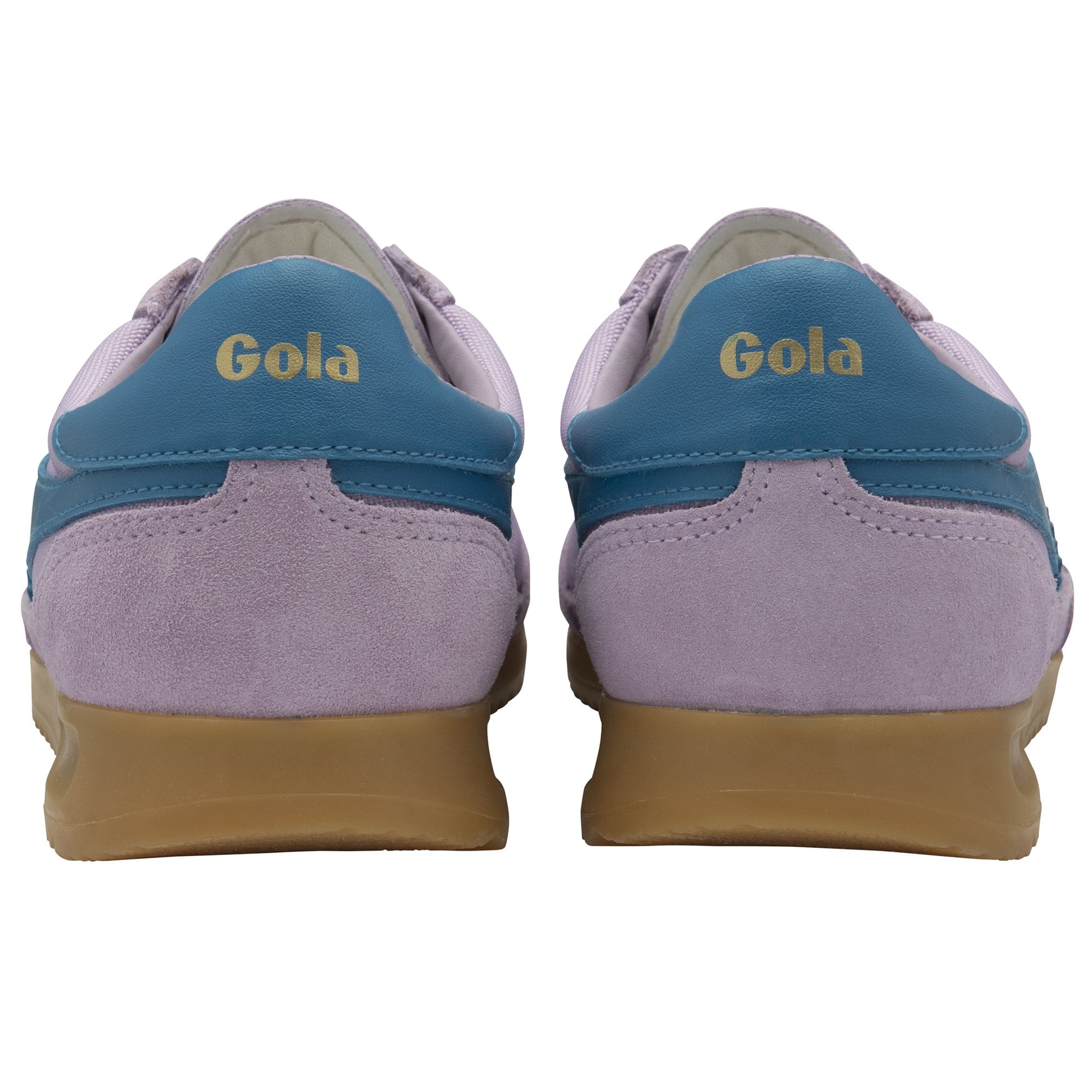The back of a pair of Gola men's sneakers in lilac and teal.