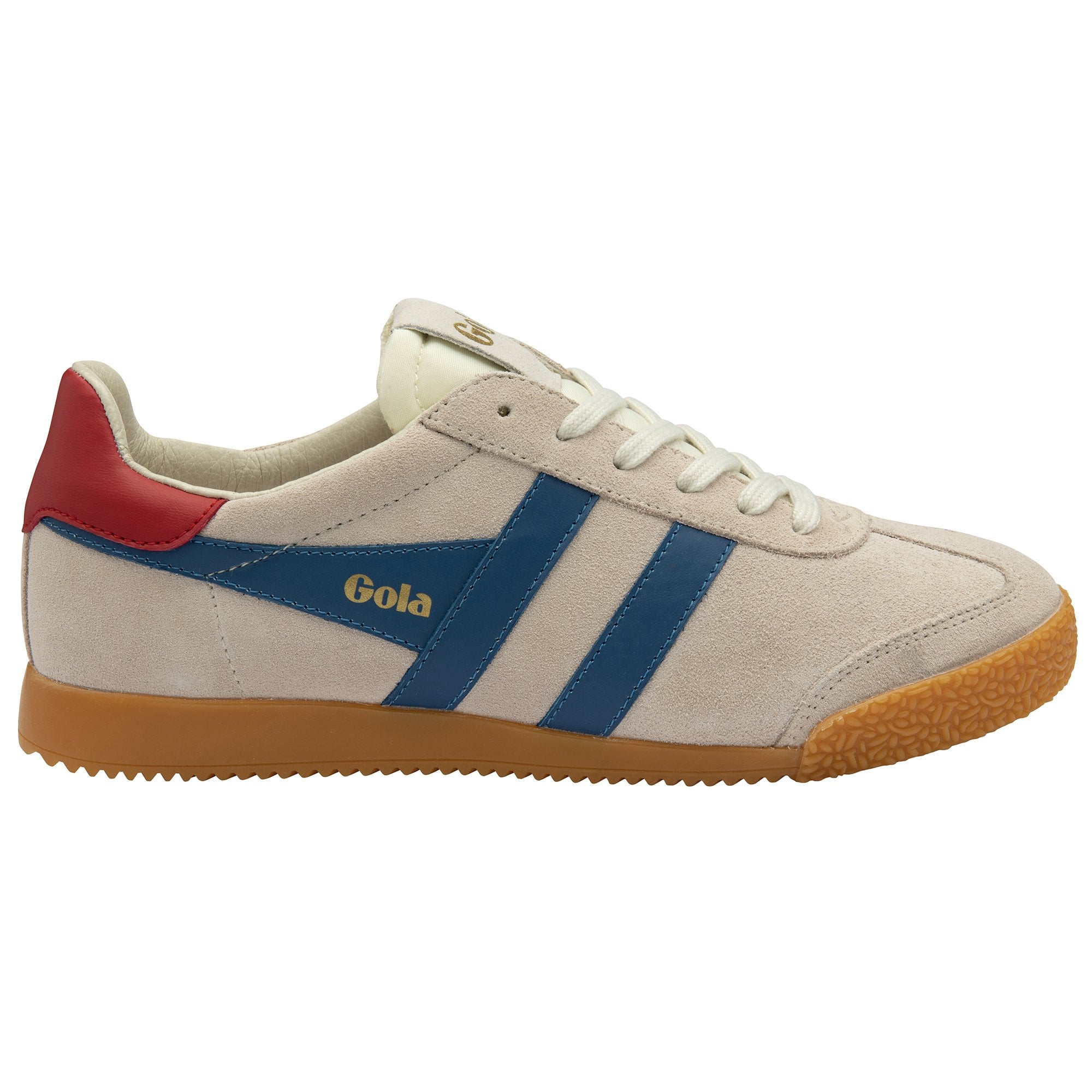 A single Gola low-top sneaker in off-white, blue, and red from the left side.