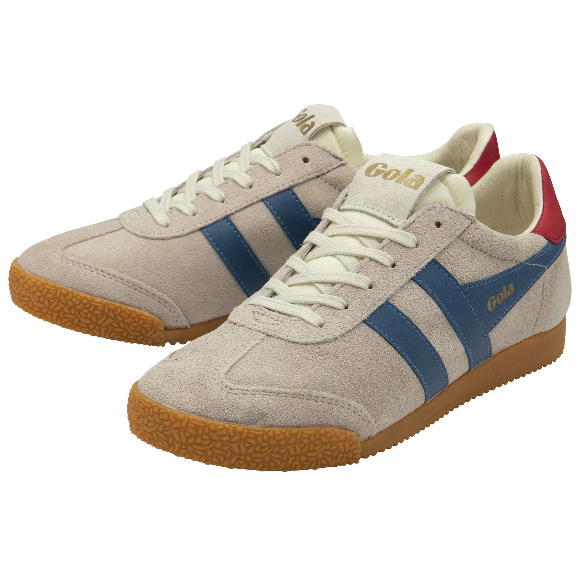 A pair of Gola low-top sneakers in off-white, blue, and red, angled slightly.