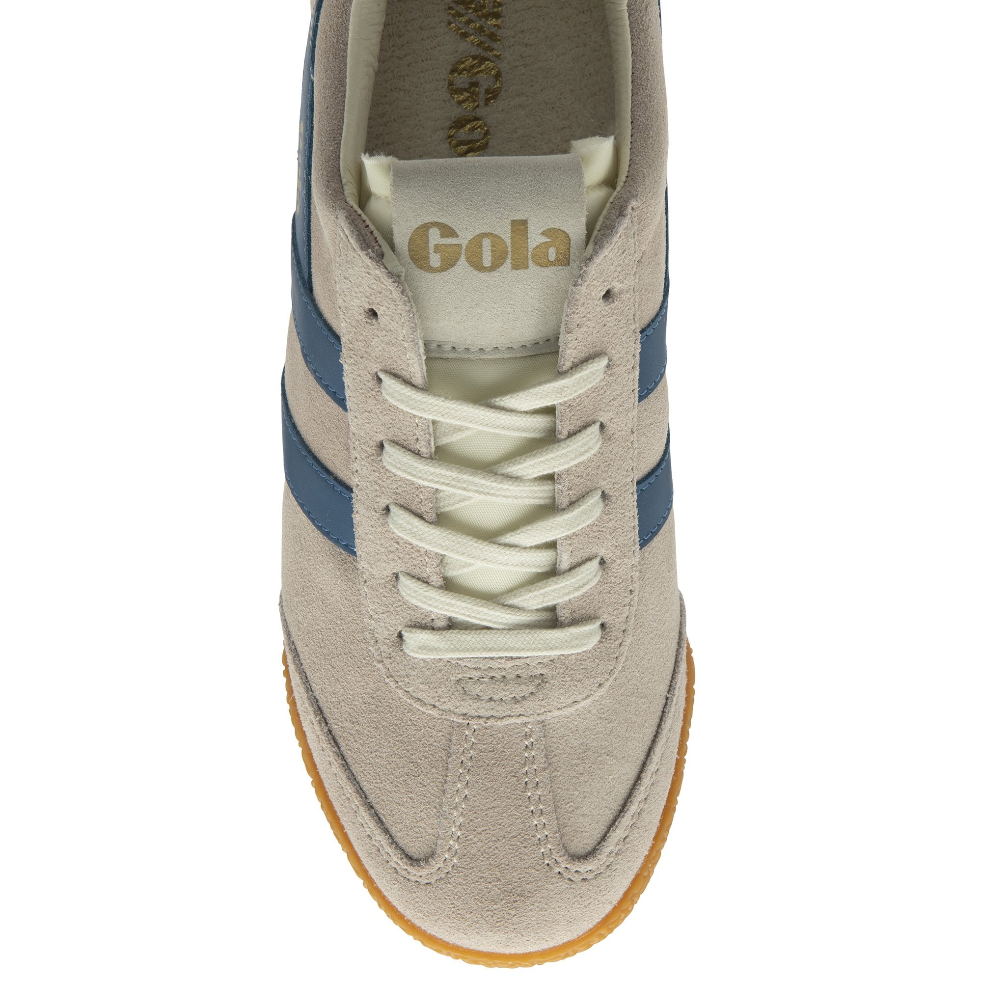 A single Gola low-top sneaker in off-white, blue, and red, seen from the top.