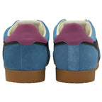 Back view of blue Gola men's trainers with purple heel accents on a white background.