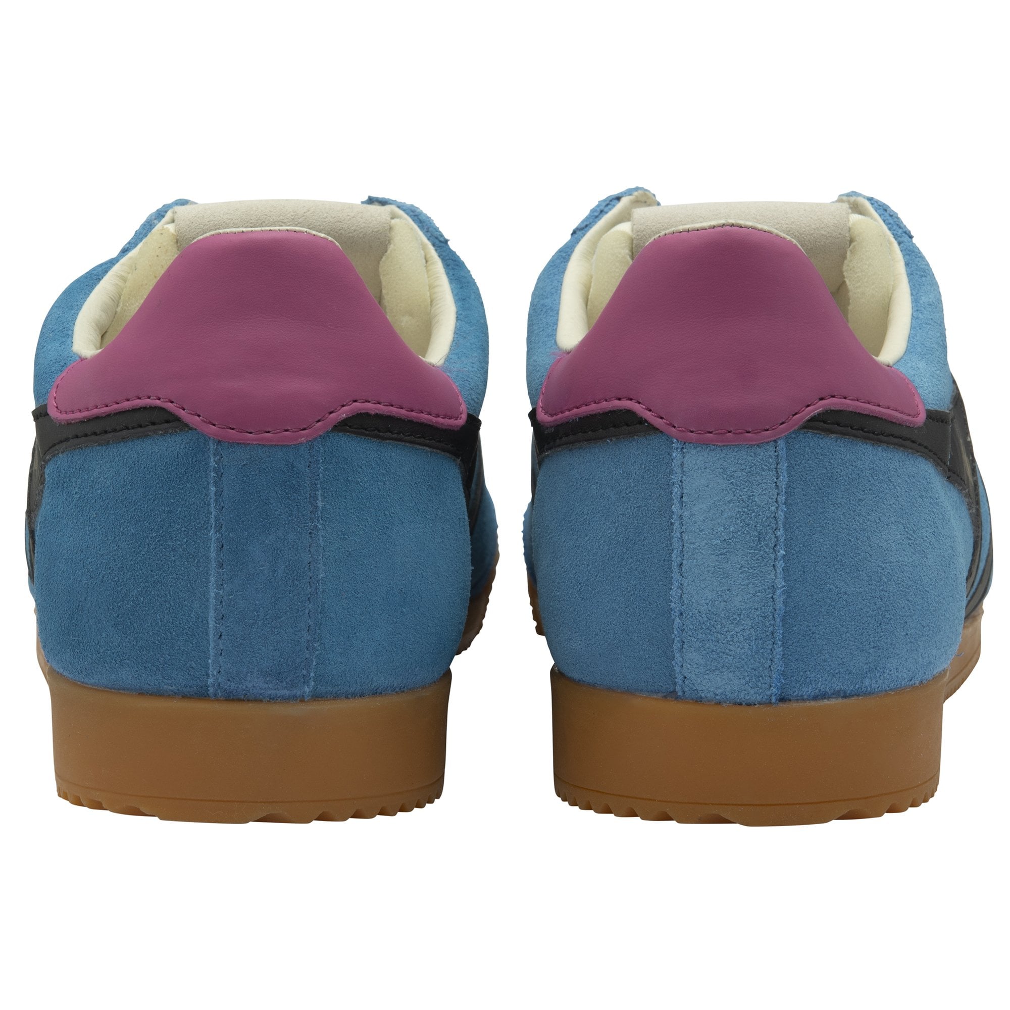 Back view of blue Gola men's trainers with purple heel accents on a white background.