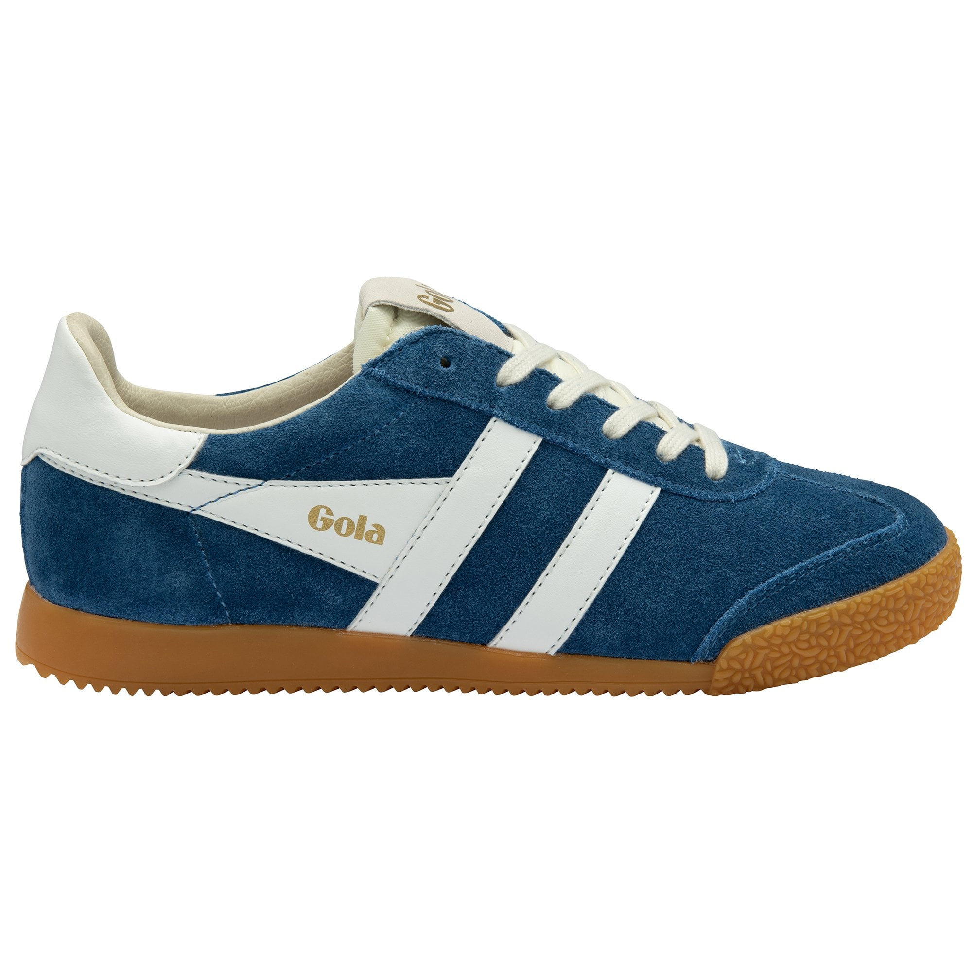 Side view of a single blue Gola sneaker with white stripes and a gum sole.