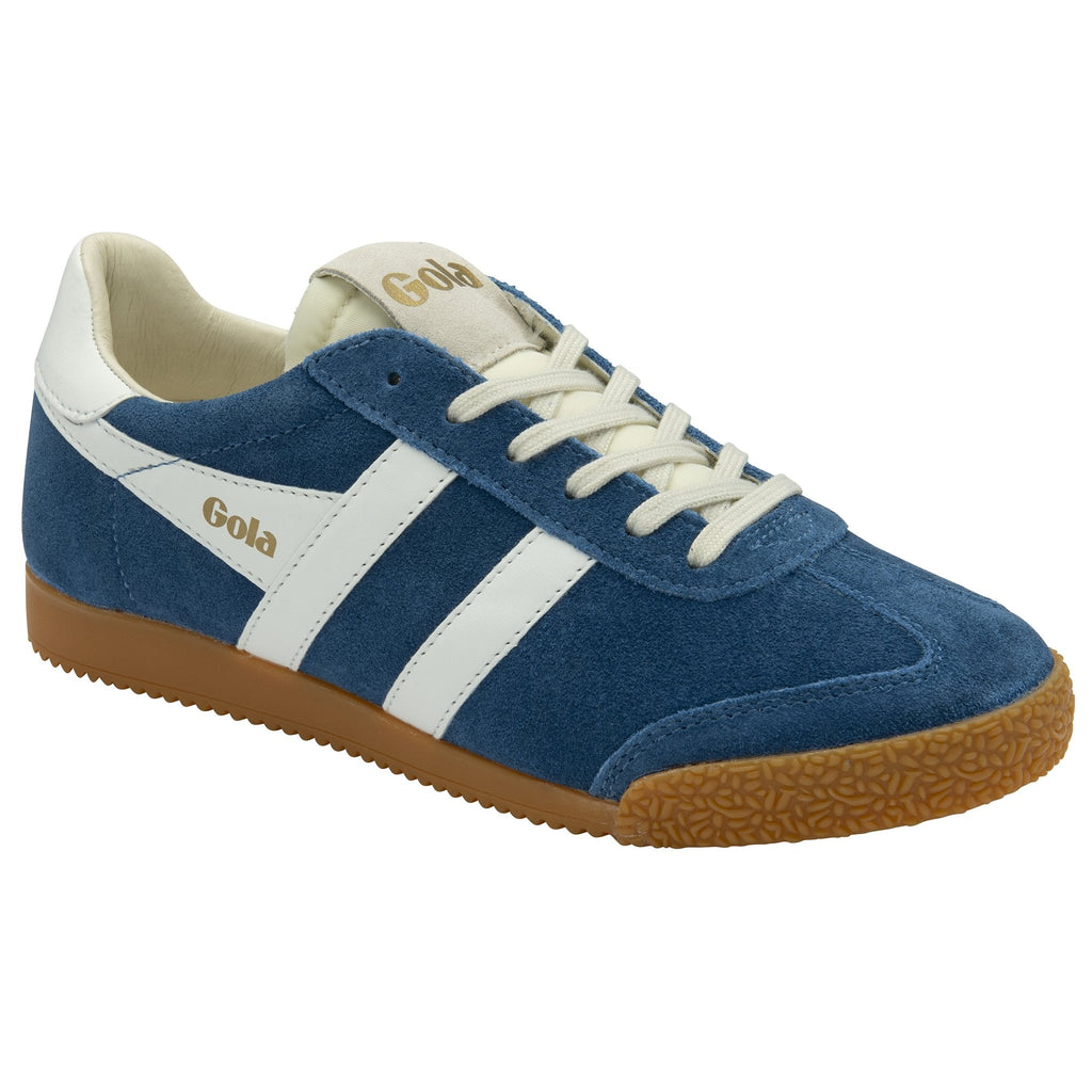 Three-quarter view of a single blue Gola sneaker with white stripes and a gum sole.