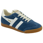 Three-quarter view of a single blue Gola sneaker with white stripes and a gum sole.
