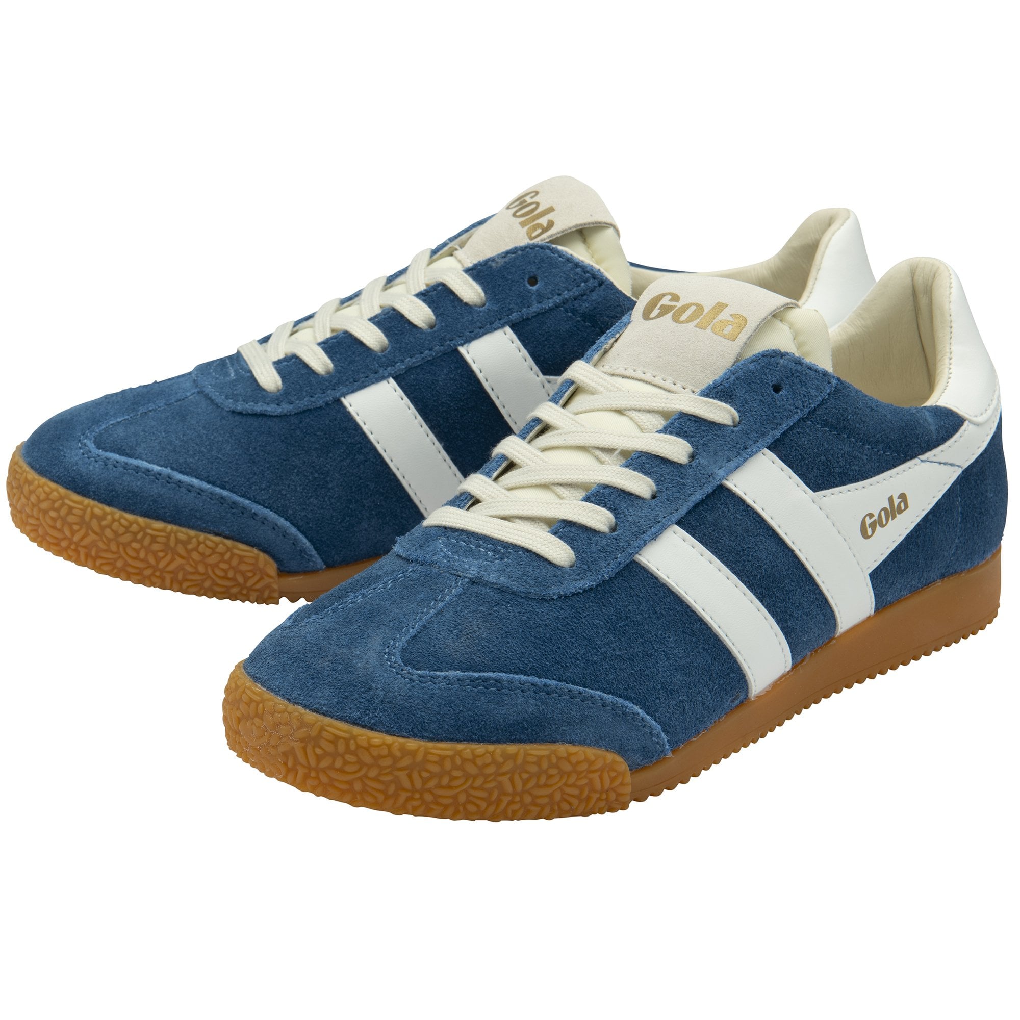 Pair of blue Gola sneakers with white stripes and gum soles, angled for display.