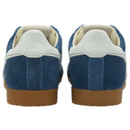 Back view of a pair of blue Gola sneakers with white heel accents and gum soles.