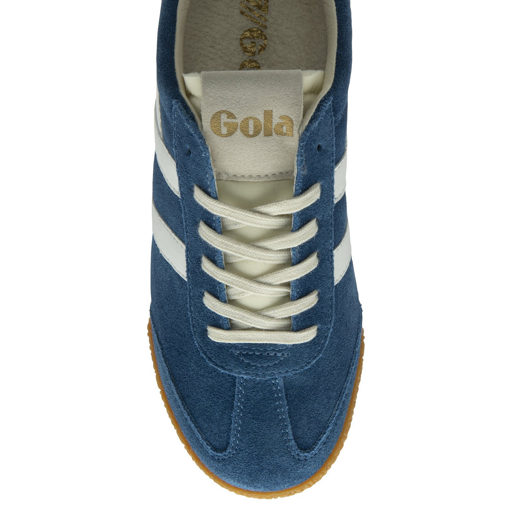 Top-down view of a single blue Gola sneaker with white stripes and cream laces.