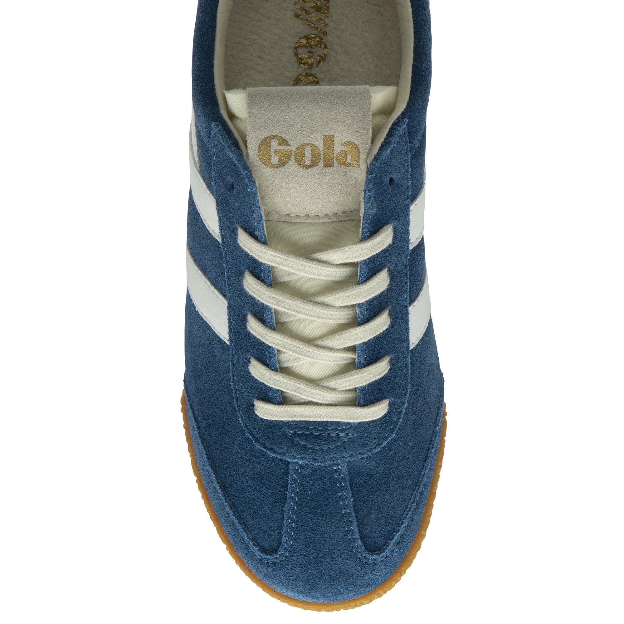 Top-down view of a single blue Gola sneaker with white stripes and cream laces.