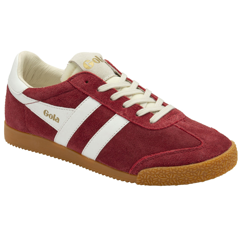 Three-quarter view of a single maroon Gola sneaker with white stripes and a gum sole.
