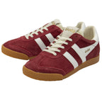 Pair of maroon Gola sneakers with white stripes and gum soles, angled for display.