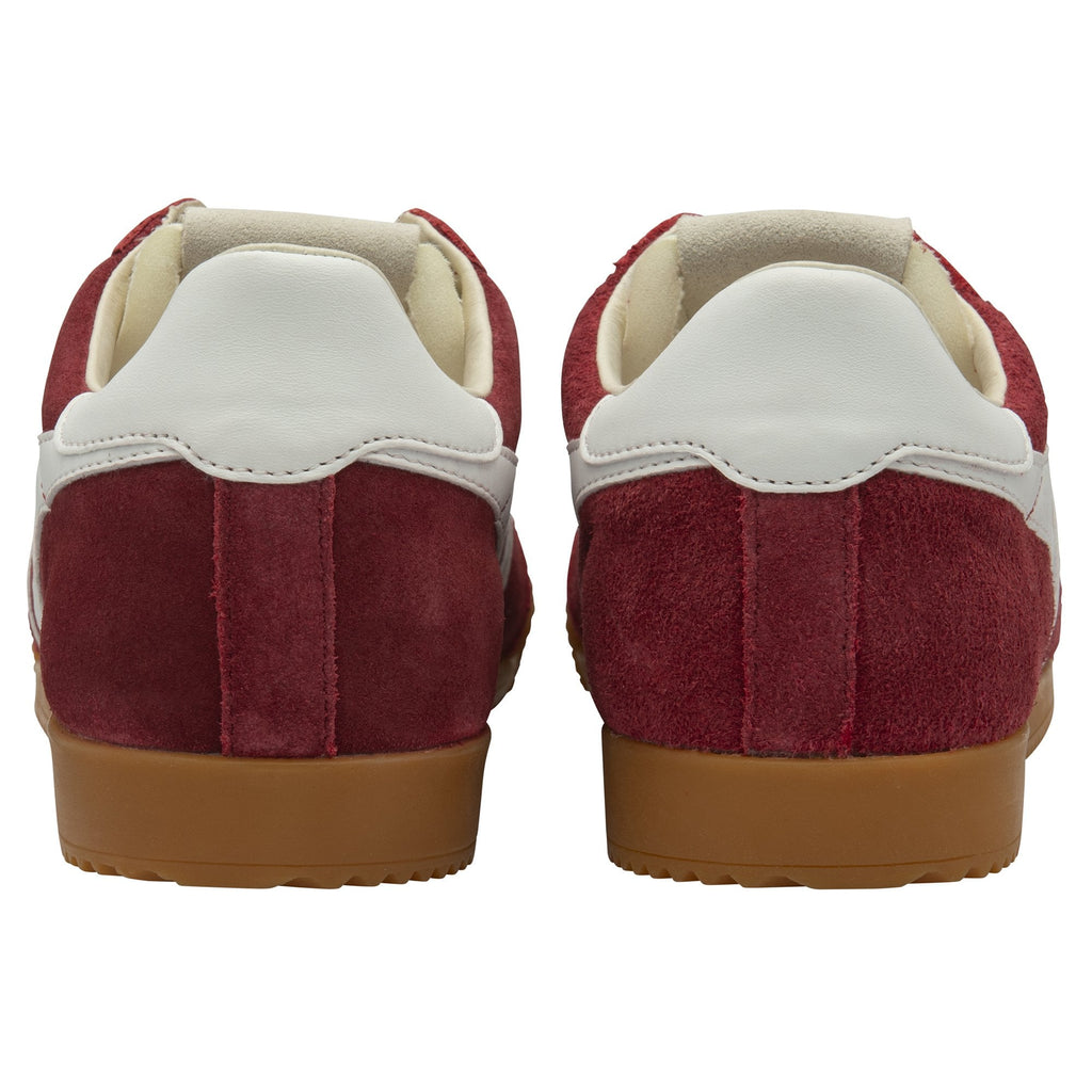 Back view of a pair of maroon Gola sneakers with white heel accents and gum soles.