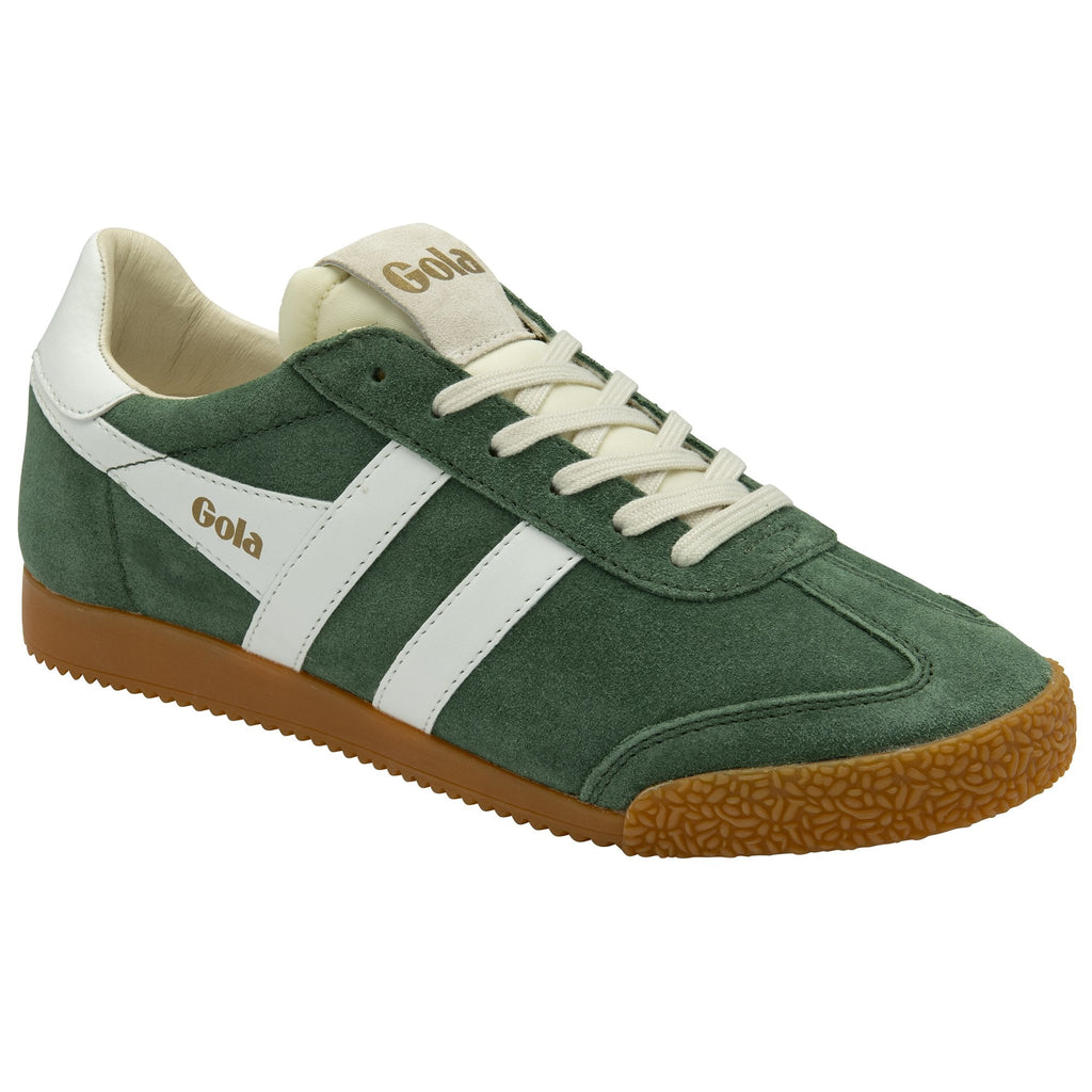 Three-quarter view of a single dark green Gola sneaker with white stripes and a gum sole.