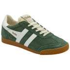 Three-quarter view of a single dark green Gola sneaker with white stripes and a gum sole.
