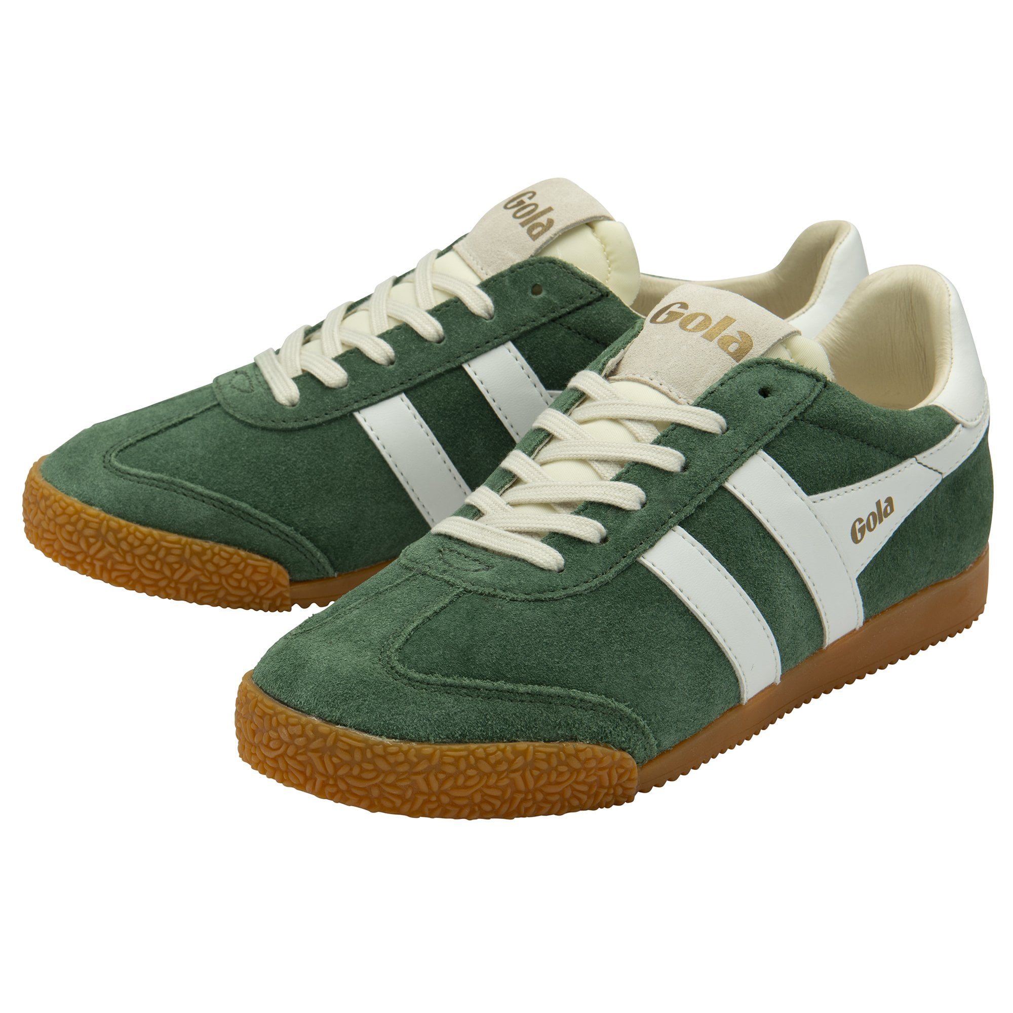 Pair of dark green Gola sneakers with white stripes and gum soles, angled for display.