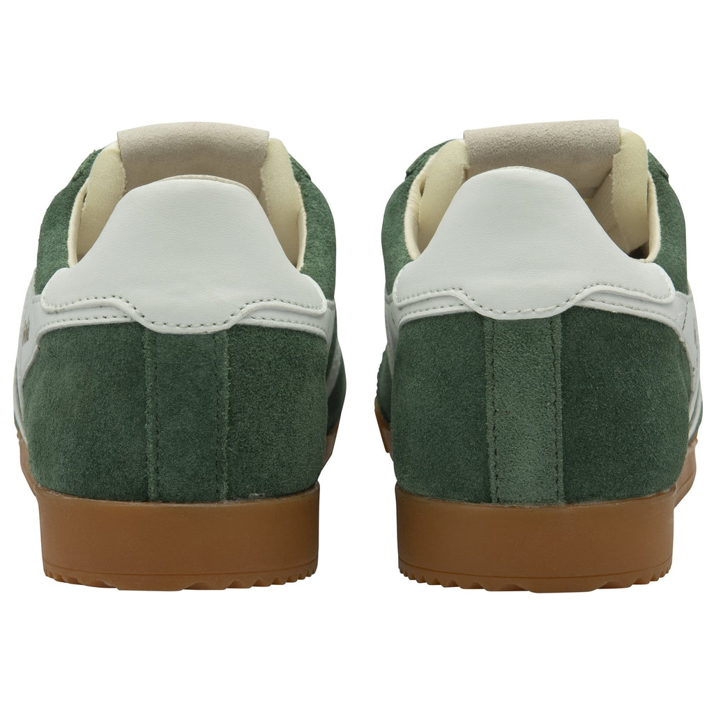 Back view of a pair of dark green Gola sneakers with white heel accents and gum soles.