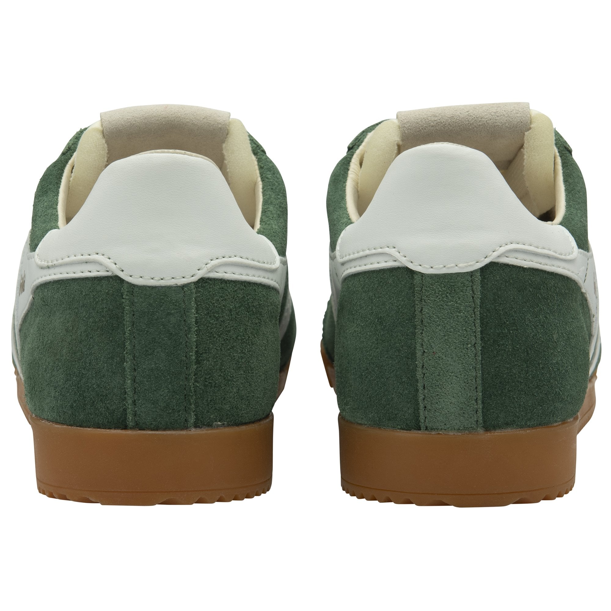 Back view of a pair of dark green Gola sneakers with white heel accents and gum soles.