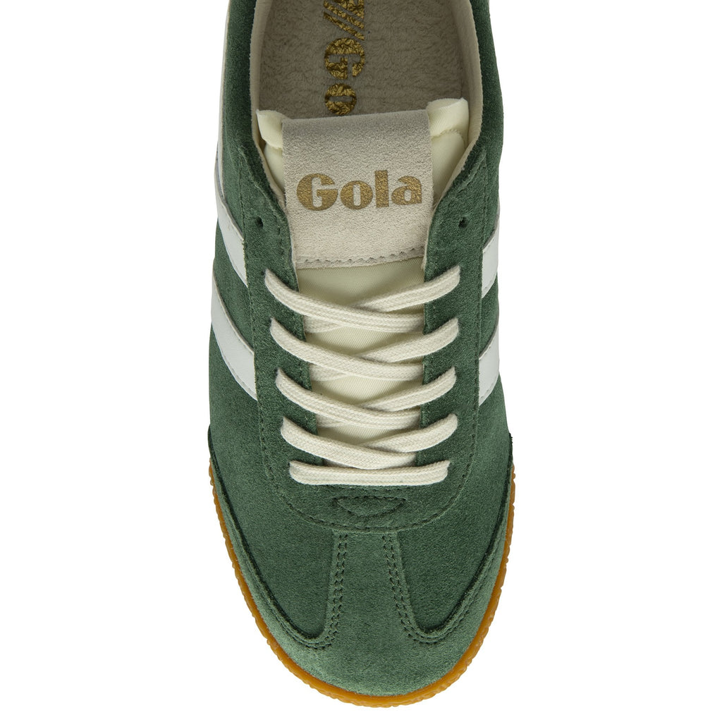 Top-down view of a single dark green Gola sneaker with white stripes and cream laces.