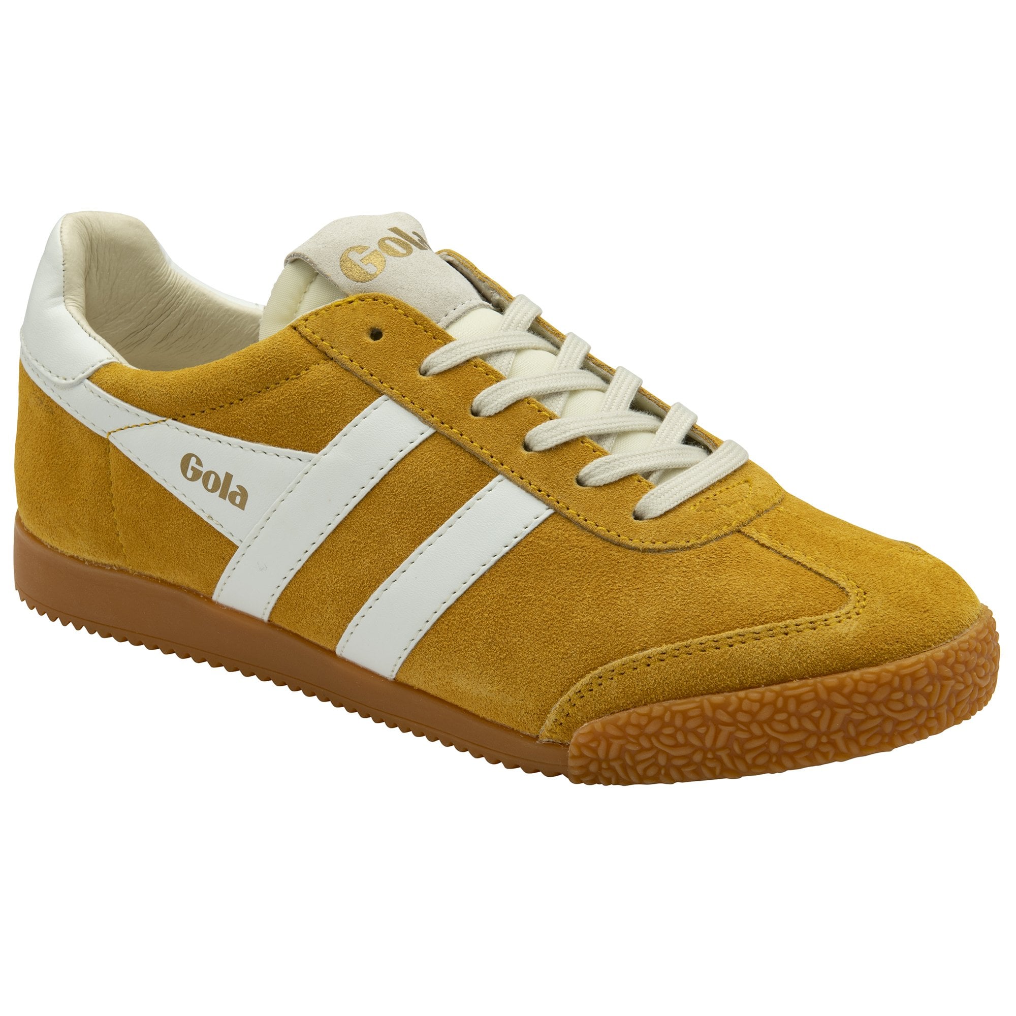 Three-quarter view of a single yellow Gola sneaker with white stripes and a gum sole.
