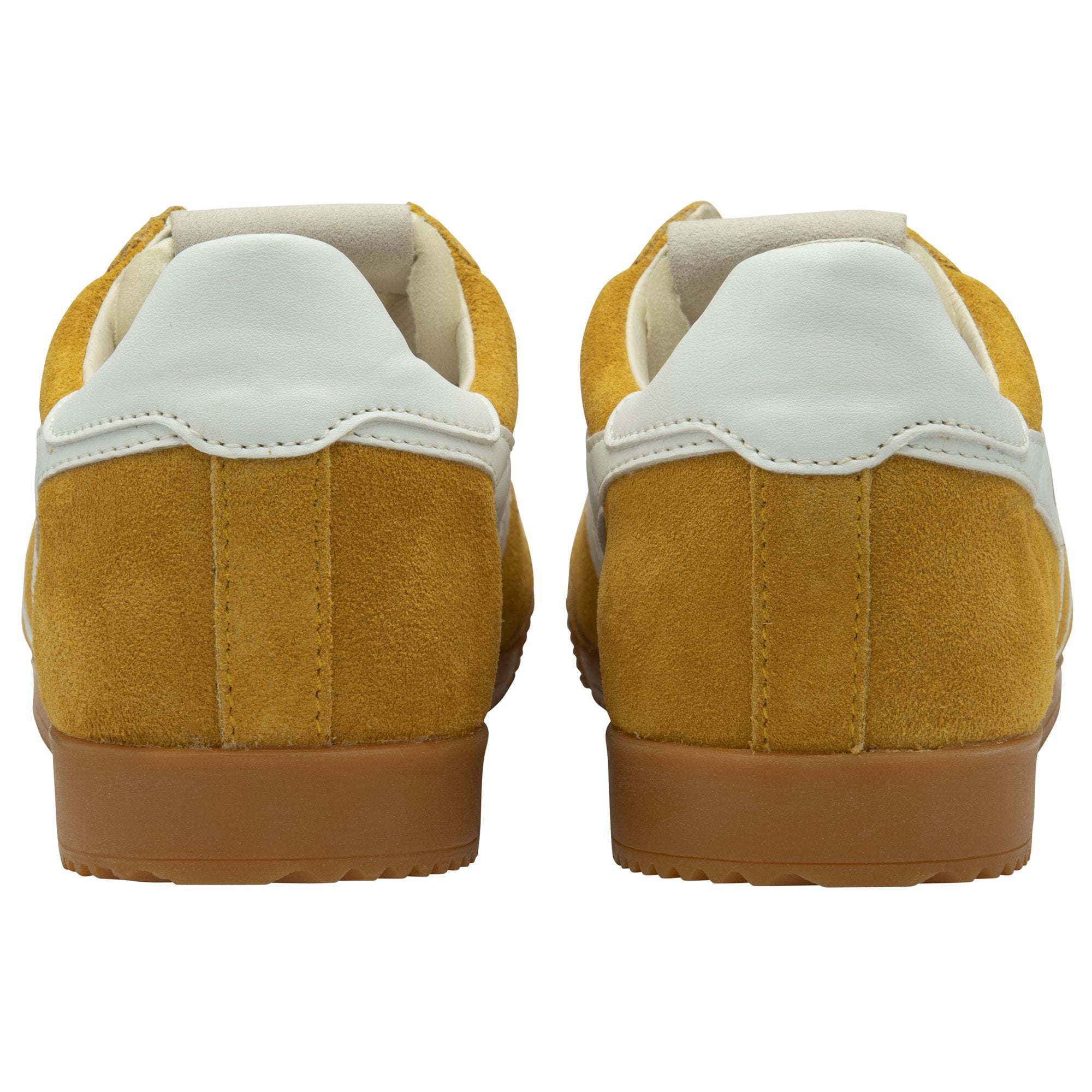 Back view of a pair of yellow Gola sneakers with white heel accents and gum soles.