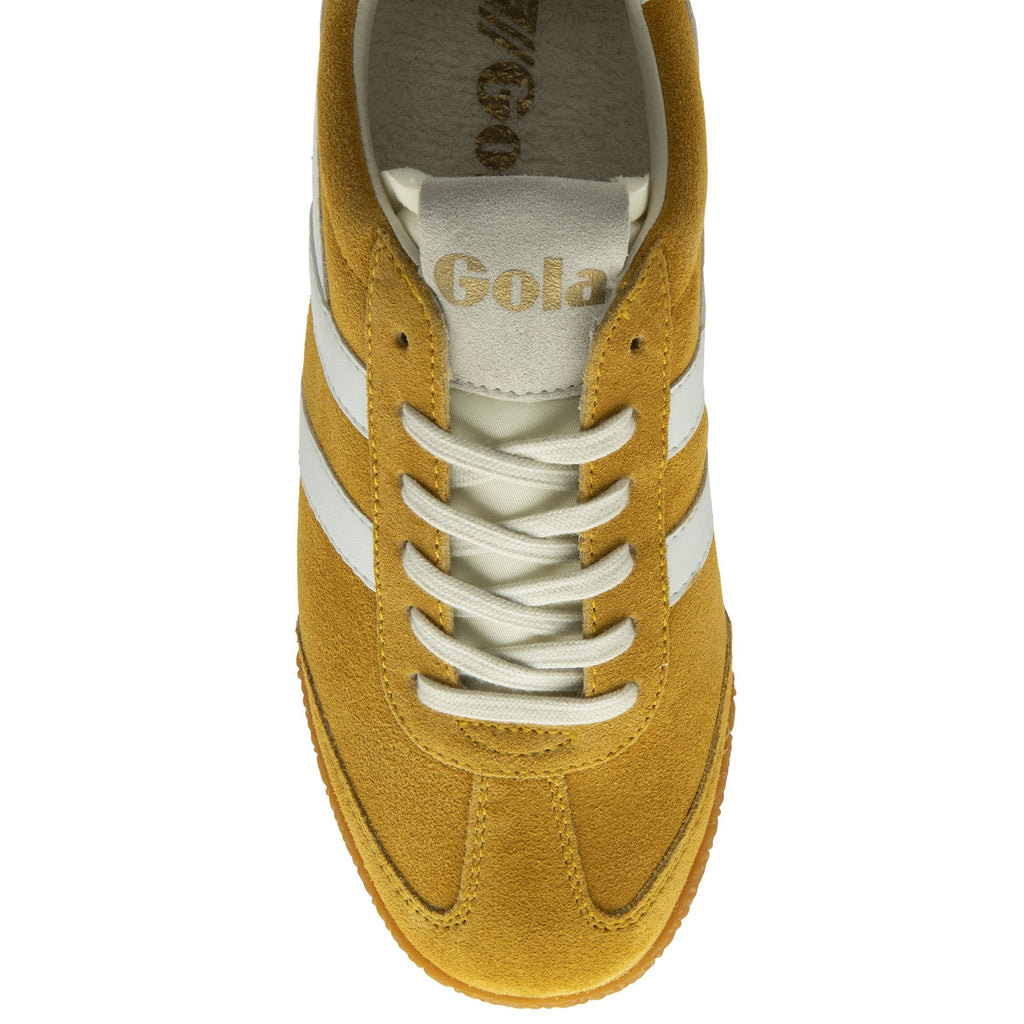 Top-down view of a single yellow Gola sneaker with white stripes and cream laces.