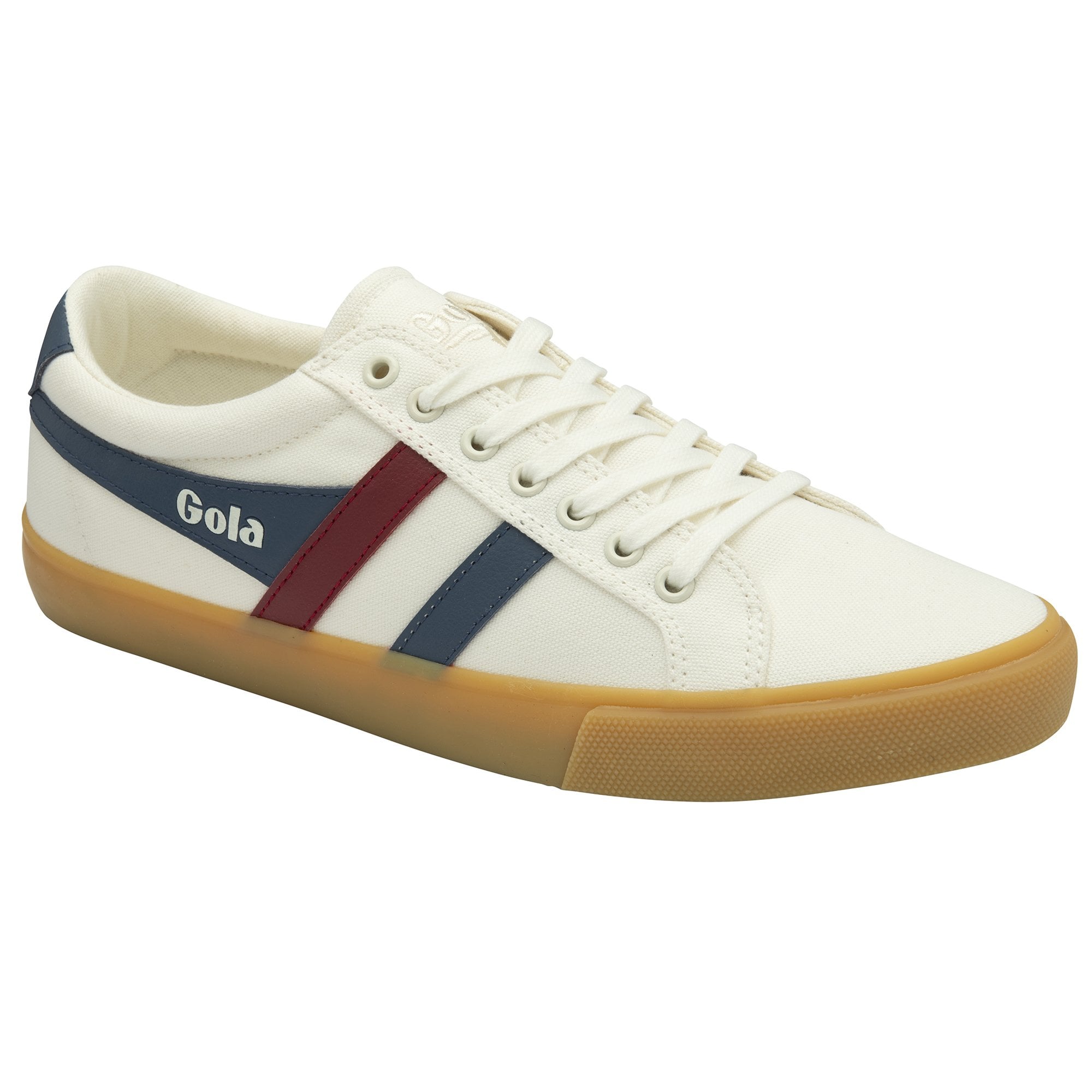 A white Gola sneaker with blue and red stripes, viewed from a slightly different angle.
