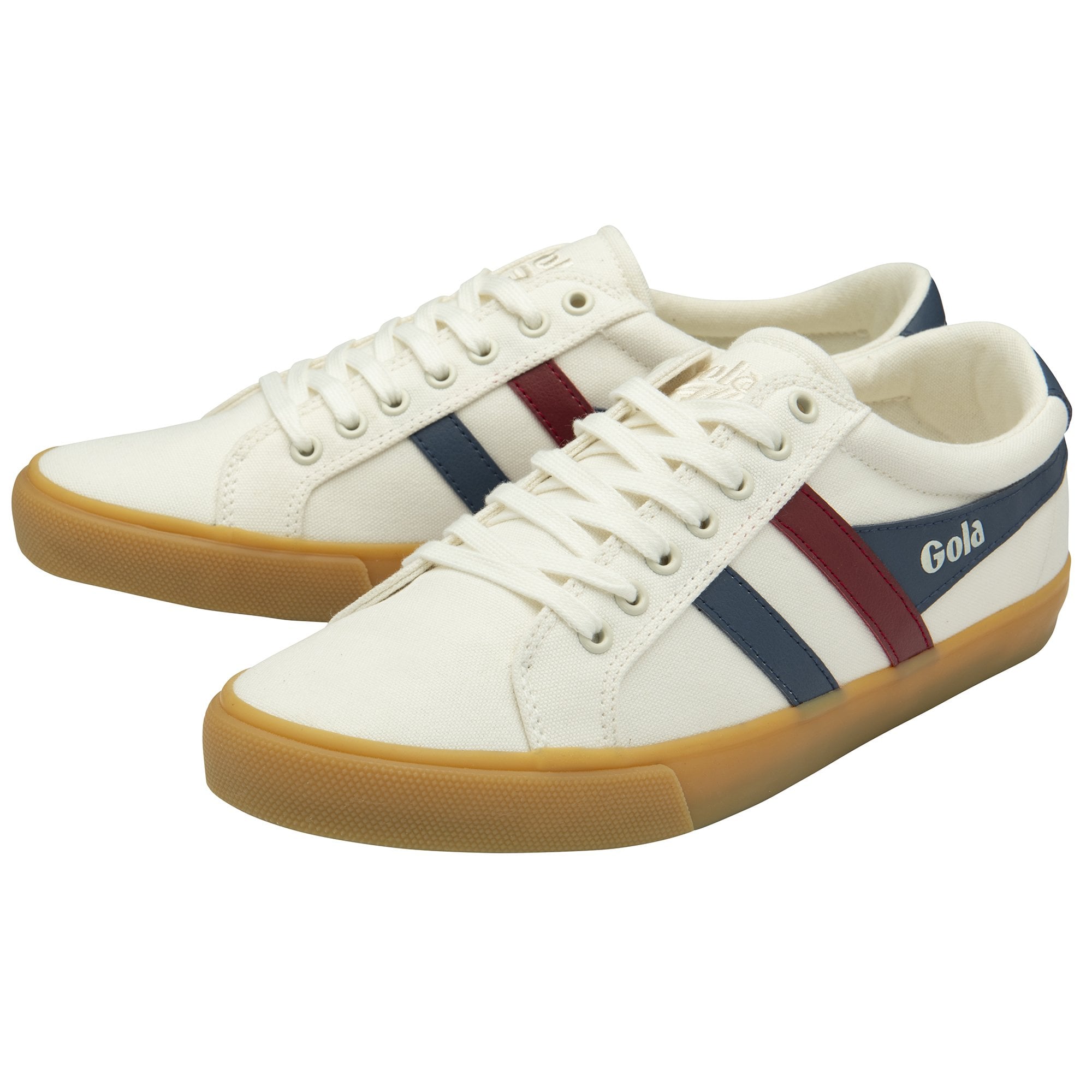 A pair of white Gola sneakers with blue and red stripes.