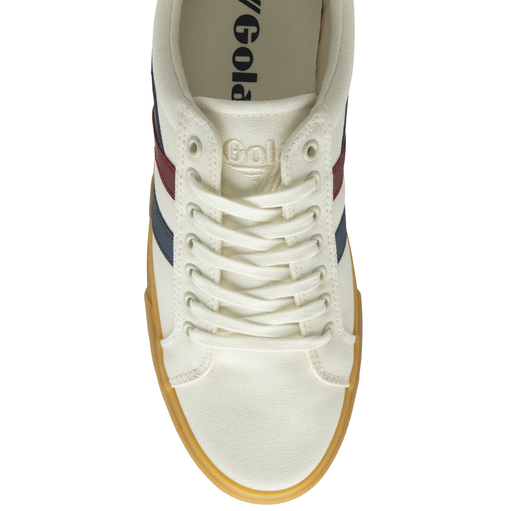 An overhead view of a single white Gola sneaker, highlighting the laces and brand logo.