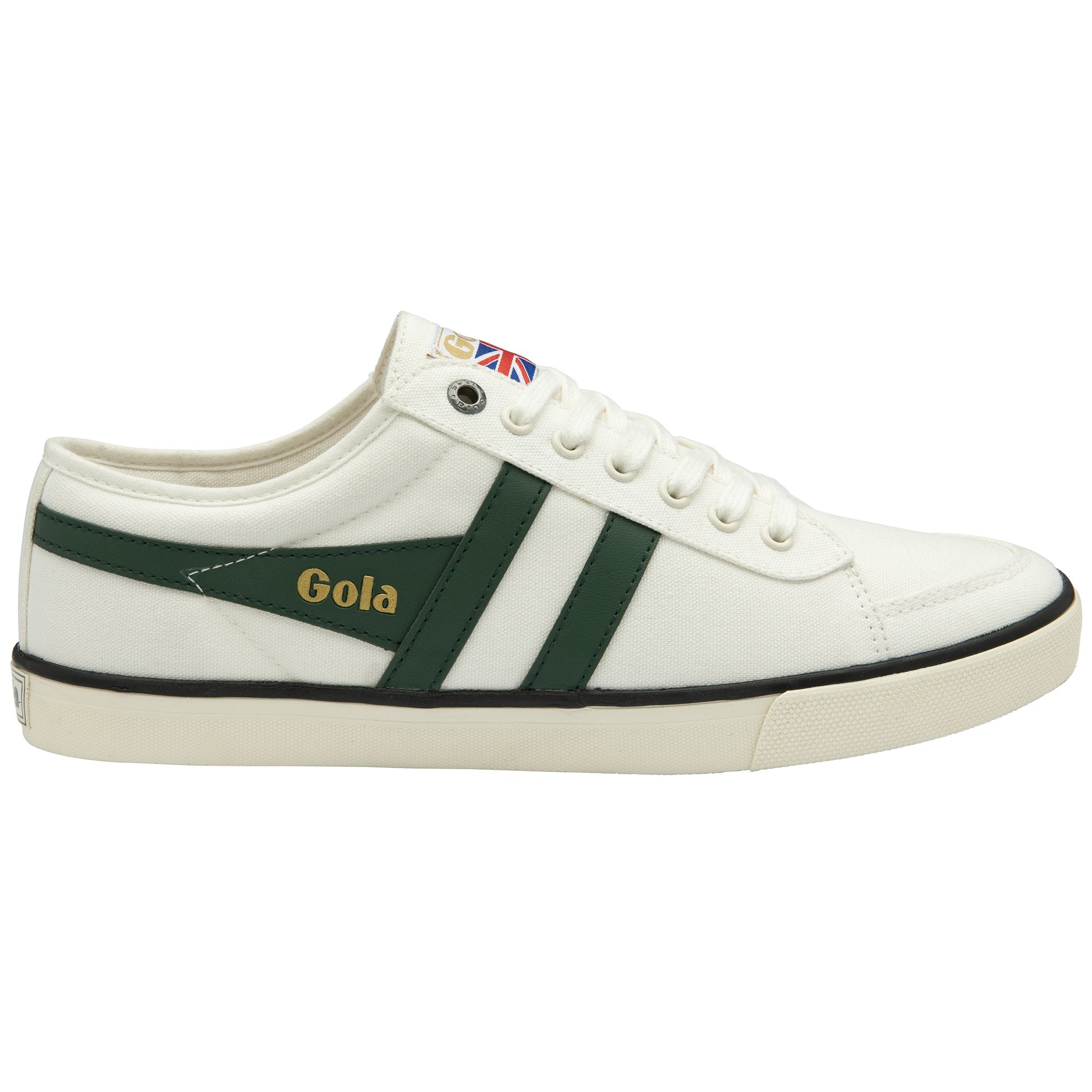 A right white Gola sneaker with green stripes, showing the side view.
