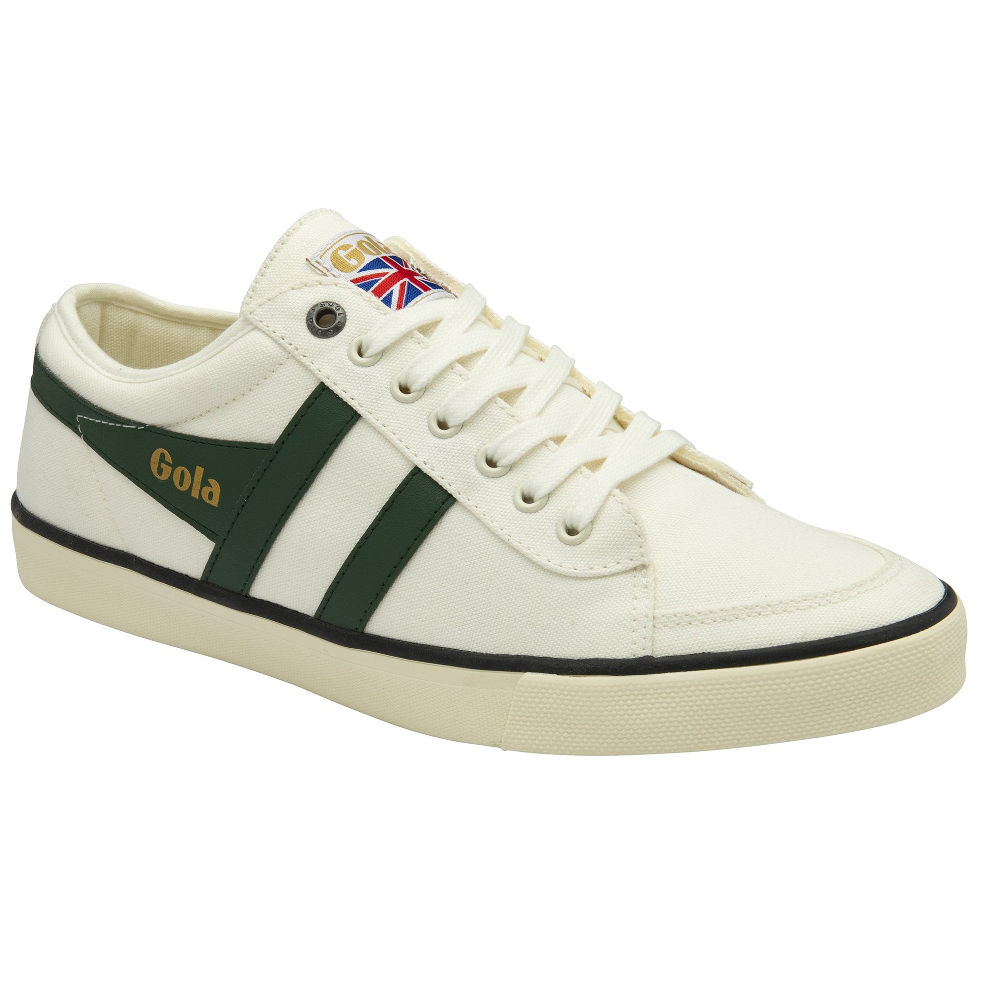A right white Gola sneaker with green stripes, viewed from an angle.