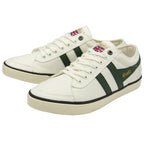 A pair of white Gola sneakers with green stripes, seen from an angle.
