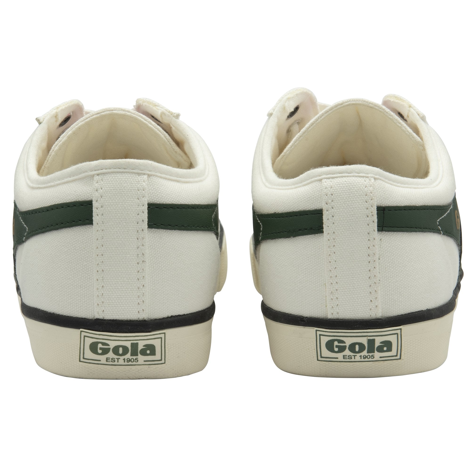 A pair of white Gola sneakers with green stripes, seen from the back.