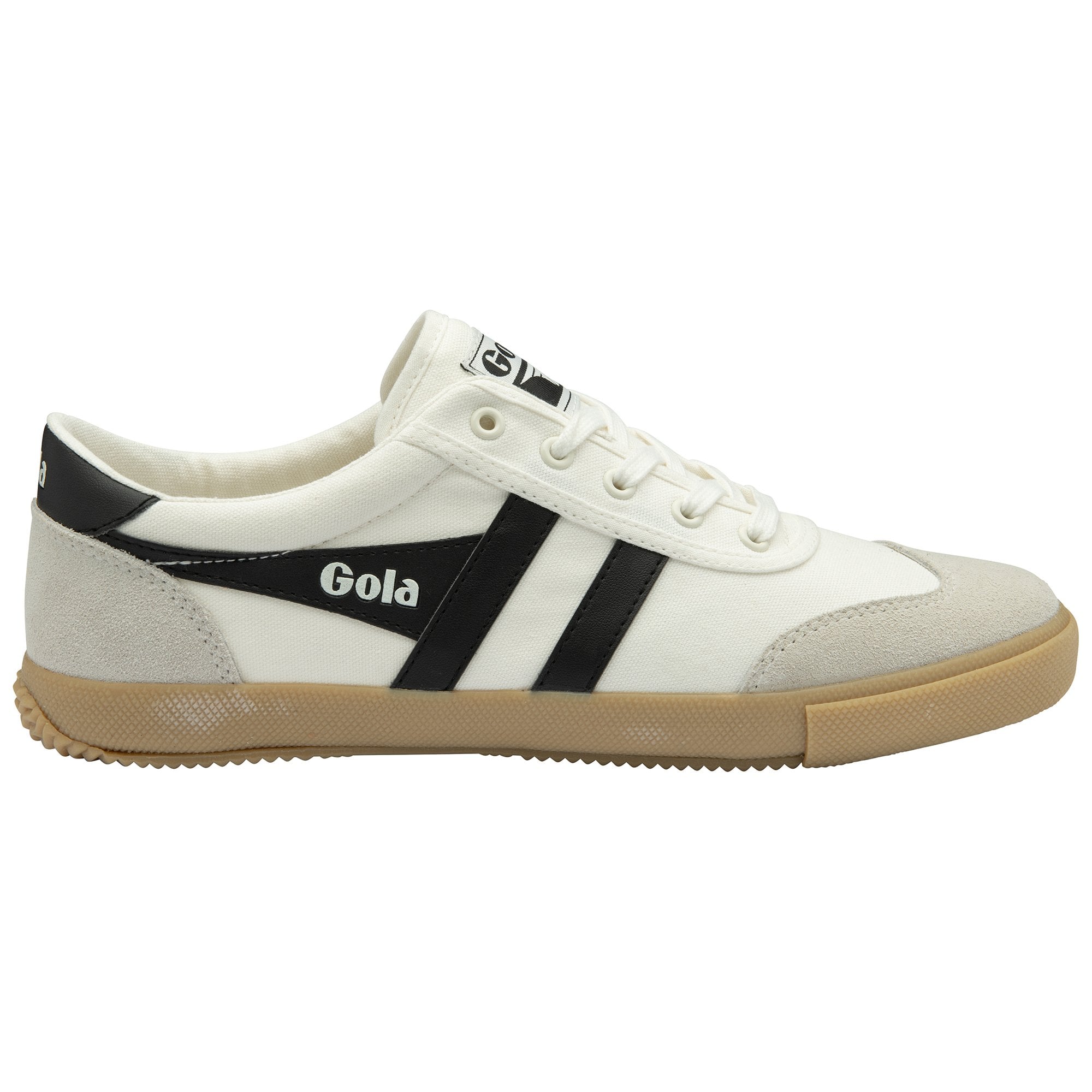 A single white Gola sneaker with black stripes from the side view.