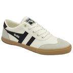 A single Gola sneaker with a white base and black stripes, captured from a slightly angled side.