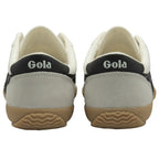 The back view of two white Gola sneakers with black and tan details.