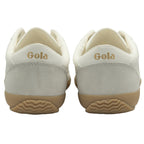 Rear view of a pair of off-white Gola Harrier Trainers, showcasing the Gola logo on the heel.