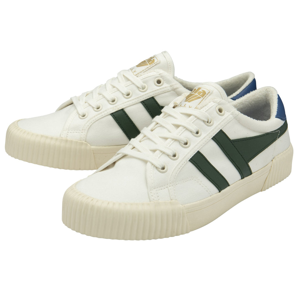 A pair of white Gola trainers with green stripes and blue heel accents.