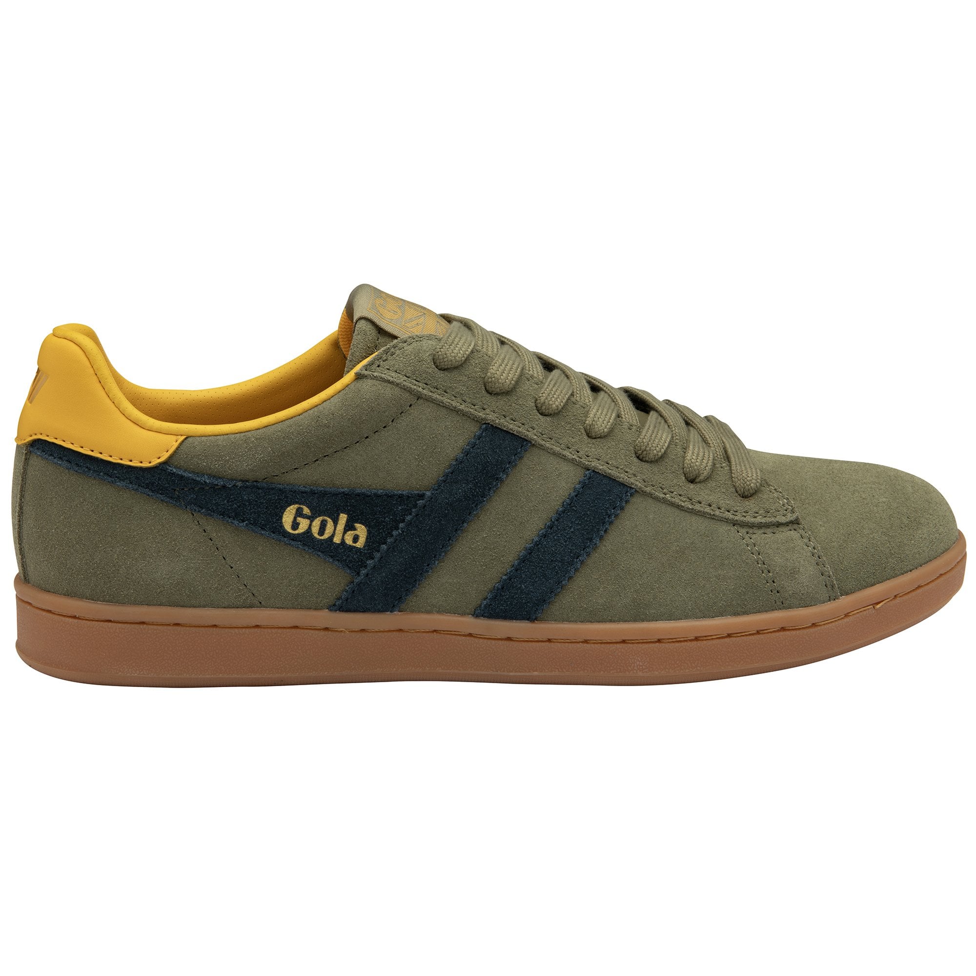 A side view of a green Gola trainer with navy stripes and yellow heel detail.