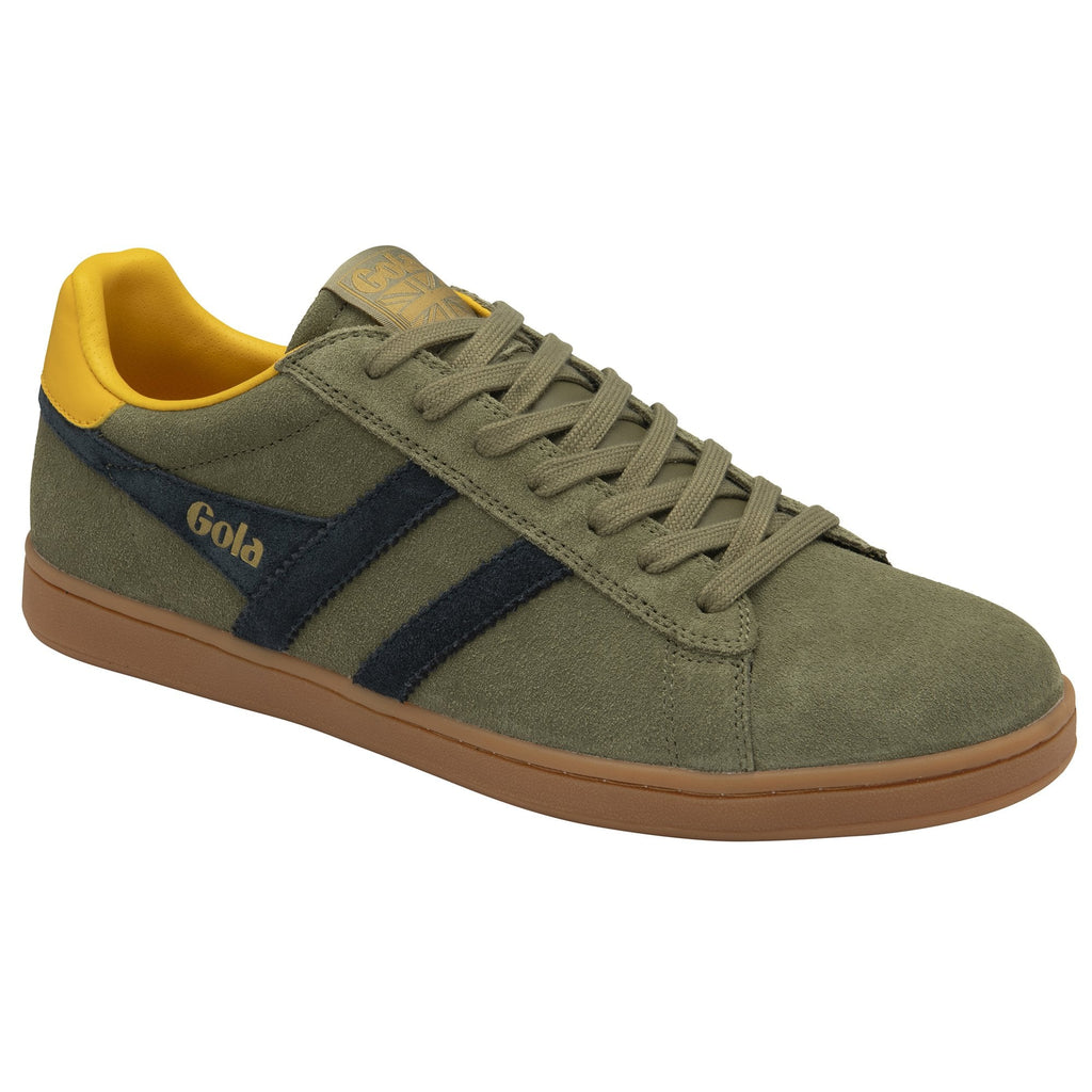 A green Gola trainer with navy stripes, yellow heel accent, and brown sole.
