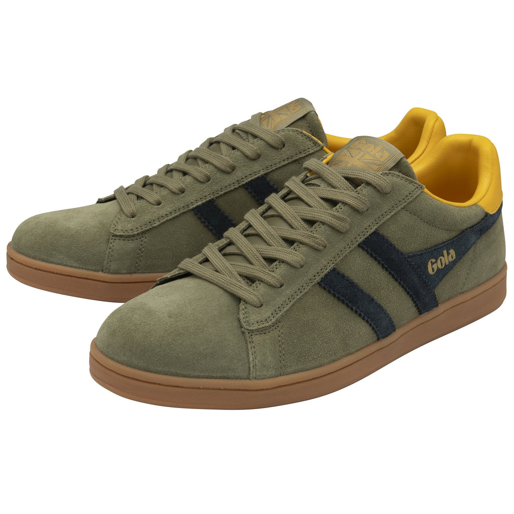A pair of green Gola trainers with navy stripes and yellow heels.