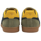 The back of two green Gola trainers with yellow heels.