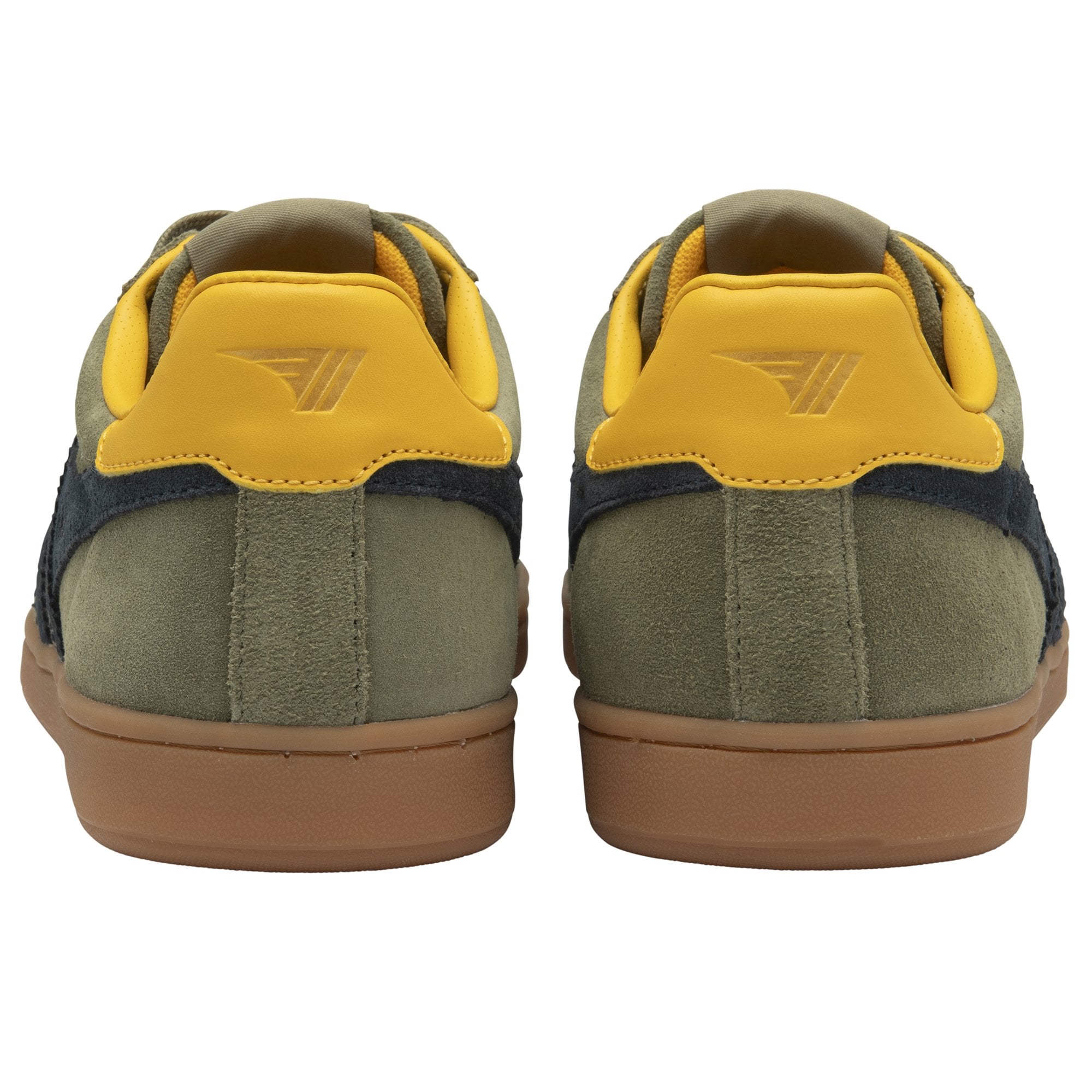 The back of two green Gola trainers with yellow heels.
