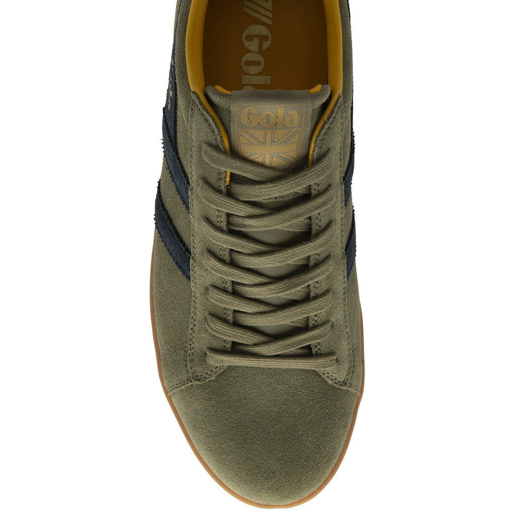 A top-down view of a green Gola trainer with navy stripes.